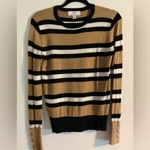 Magaschoni Black, White, and Tan Striped Sweater